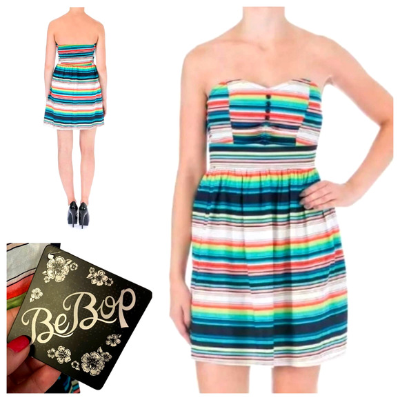 BeBop Dresses & Skirts - BeBop Smocked Strapless Casual Day Dress Colorful Striped White Cotton Sundress